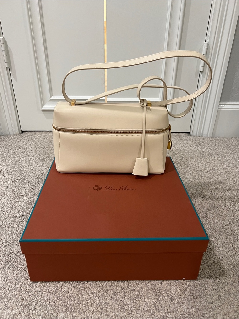 Loro Piana Cream Leather Crossbody with Gold-Tone Accent